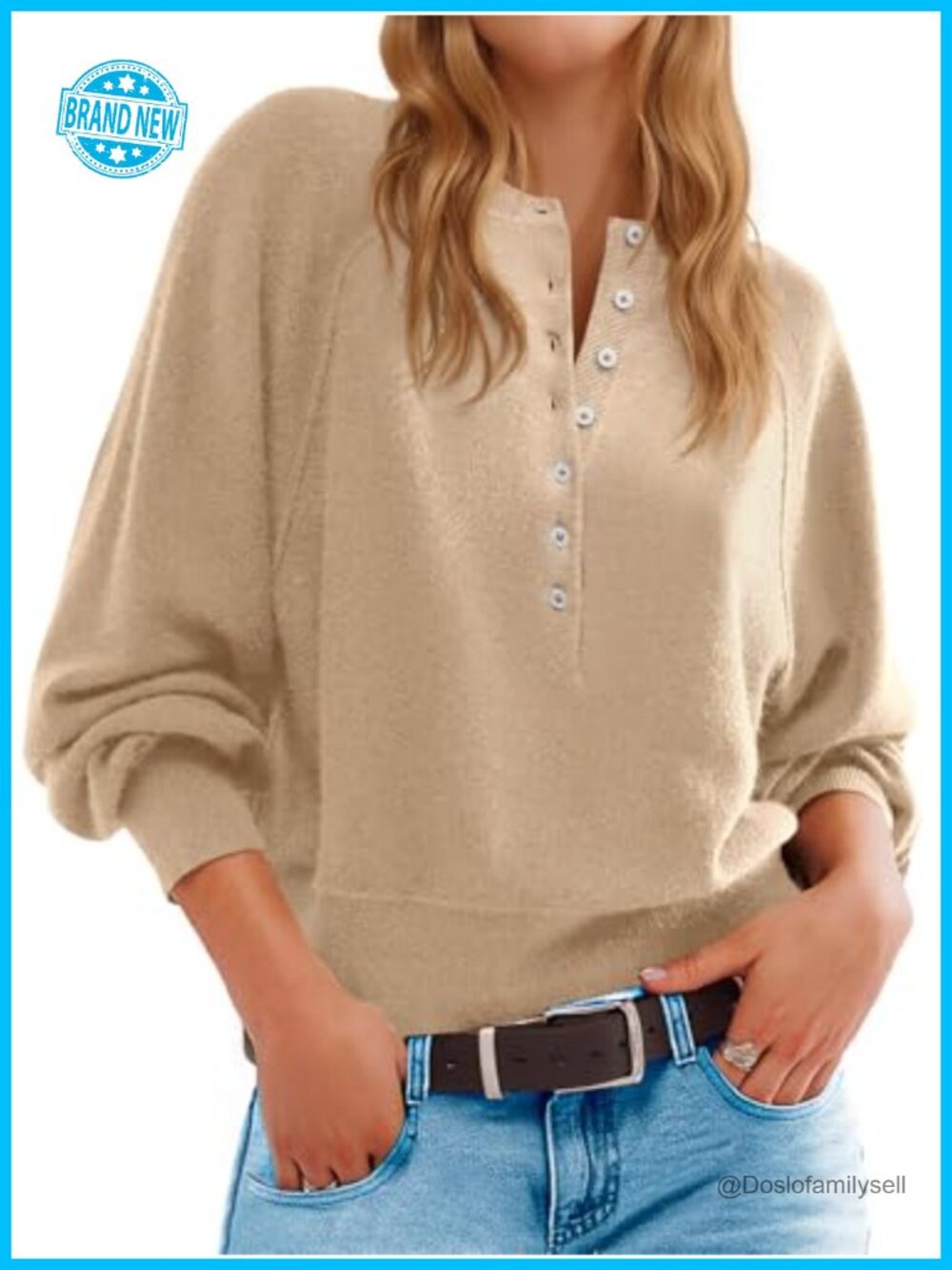 Womens Henley Sweater Button Crew Neck Long Sleeve Loose Knit Pullover Top